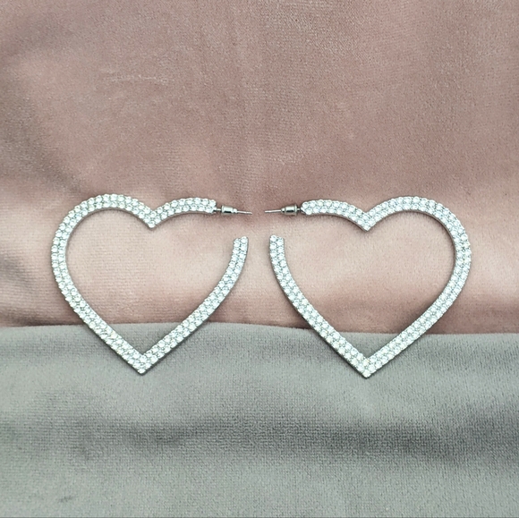 Earrings Hoop Earrings Big Hearts Shiny Crystal Rhinestone Silver Tone - Picture 10 of 12